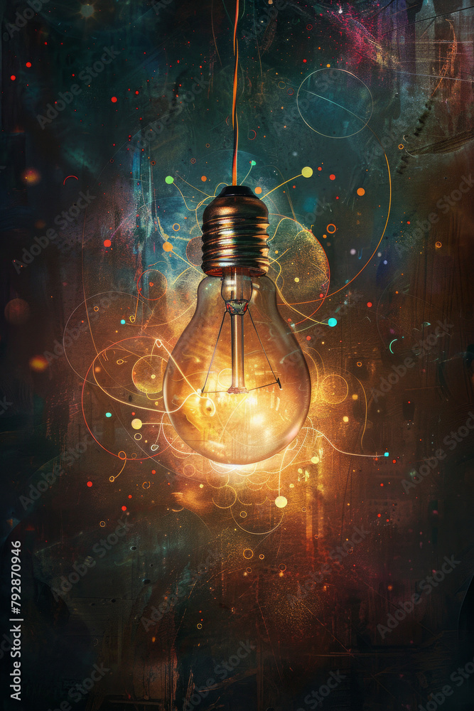 A solitary lightbulb hangs suspended from the ceiling, its filament glowing softly with a warm, golden light. Around the lightbulb, a flurry of colorful thought bubbles and abstract shapes