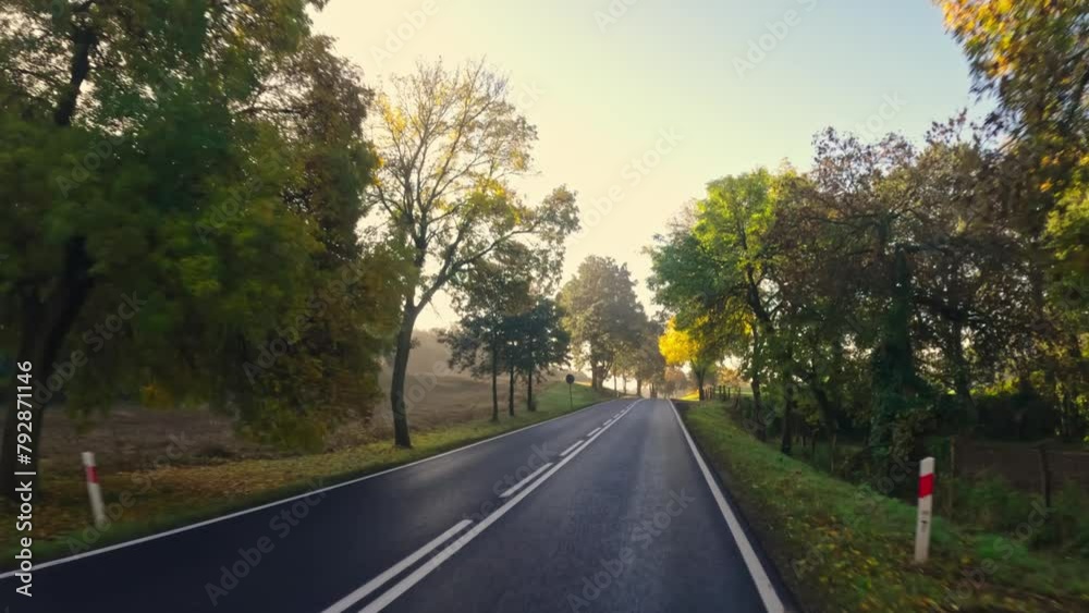 First Person View Captures Car Driving By Asphalt Road At Autumn Sunset First Person View Captures Car Driving By Asphalt Road At Autumn Sunset