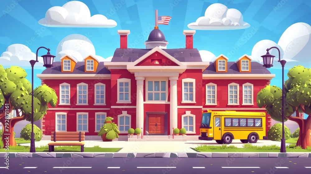 A cartoon image of a schoolhouse exterior with red walls, yellow children's buses, benches, streetlamp lanterns, flags, green plants, and trees.