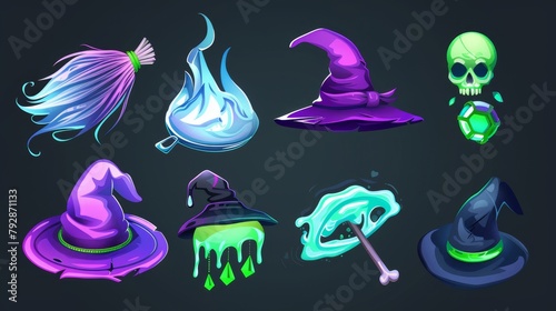An icon set of witchcraft equipment and accessories for cartoon games. This set includes a magic broom, purple sorcerer's hat, green fog, zombie hat with bones, and a ring with green gemstones.
