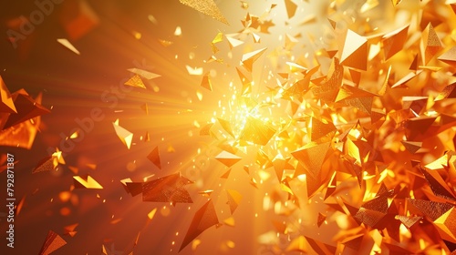 Abstract geometric background. Explosion Power Design with crushing surface, 3D triangles and golden light