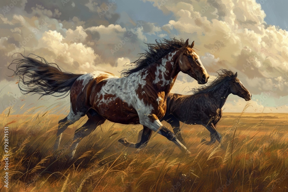 A pair of horses galloped across the meadow. - obrazy, fototapety, plakaty 