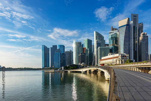 Photography Panorama of Singapore skyline with Merlion statue fountain.