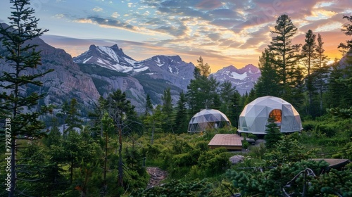 Immerse yourself in the rugged beauty of the great outdoors from the comfort of these sustainable sleep domes nestled a trees and mountains. 2d flat cartoon.