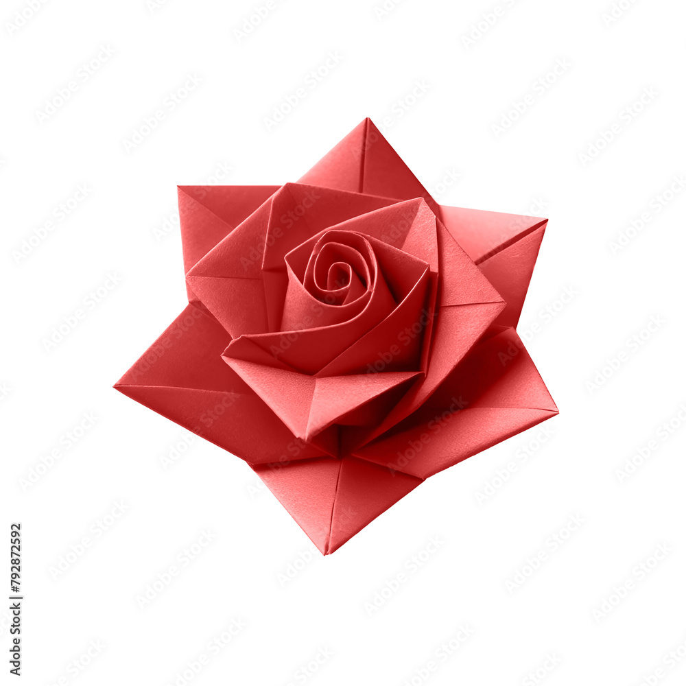 Simple Handmade Red Paper Origami Rose Isolated on White Background – Ideal for Craft DIY Projects and Art Designs, Greeting Card and Decorations