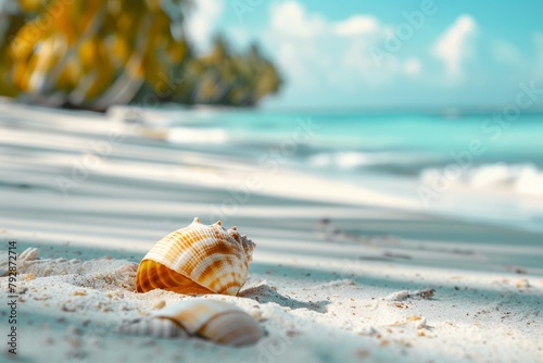 Close-up of a seashell nestled in the sand, glistening with turquoise seawater, a blurred backdrop of swaying palm trees © ktianngoen0128