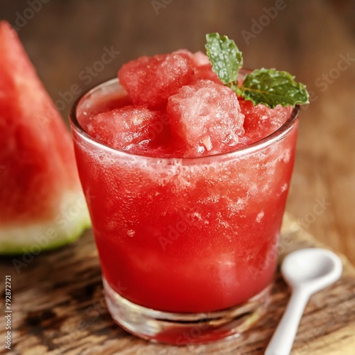 Watermelon juice on wooden background. Macro, Closeup. 