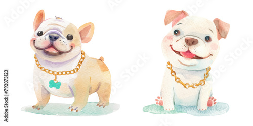 bulldog wearing gold chain watercolor vector illustration