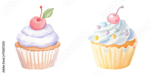cupcake topped cherry watercolor vector illustration