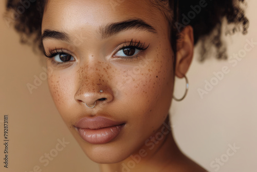 A beautiful Afro-American woman with smooth, clean facial skin poses for a cropped portrait. With a nose stud and long eyelashes, she gazes at the camera, exuding elegance and grace in her appearance. photo