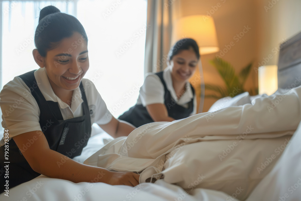 A cheerful Latina maid and her female co-worker are seen making the bed in a hotel room, exuding positivity and teamwork. A cheerful Latina maid and her female co-worker are seen making the bed in a hotel room, exuding positivity and teamwork.