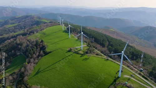 Drone footage of the wind turbines in Sotavento Galicia SA technology park in Xermade, Lugo, Spain photo