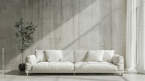 White sofa against concrete paneling wall. Minimalist