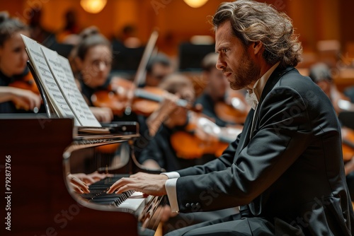 Close-up of a pianist playing the piano along with the orchestra at a classical concert photo