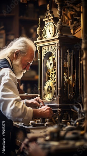 A seasoned clockmaker intently adjusting the delicate hands of an antique grandfather clock in a workshop