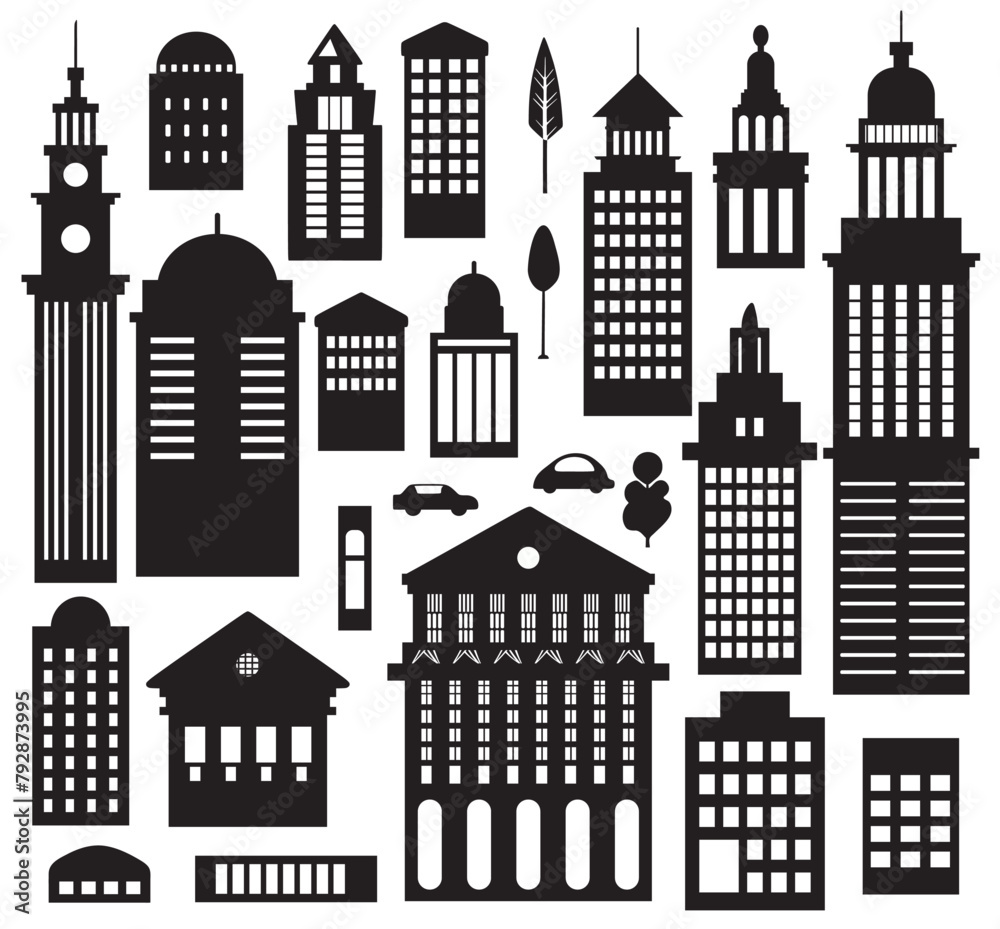 Landscape set of buildings silhouetted of low-rise and high-rise complexes Landscape set of buildings silhouetted of low-rise and high-rise complexes