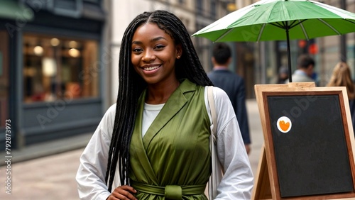 smiling afro woman with braided hair outside her establishment next to blackboard for mock up
