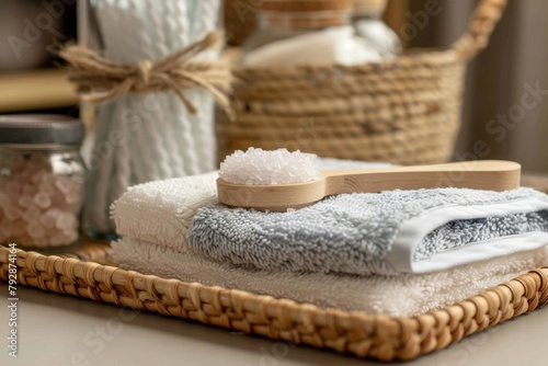 Close-up of a woven tray holding a stack of fluffy towels, a woven loofah, and a glass jar of bath salts with a wooden scoop