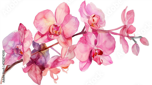 A watercolor painting of pink orchids on a white background