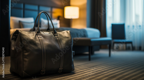 Business travel bag in hotel room.