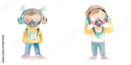 cute esports mascot wearing gas mask watercolor vector illustration