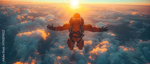 Thrilling Skydiver Descends Against Sunset and Fluffy Clouds. Concept Skydiving, Sunset, Fluffy clouds, Thrill-seeking, Adventure