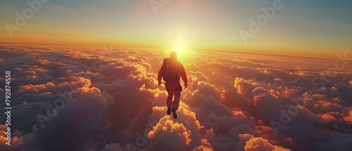 Thrilling Skydive Towards Earth at Sunset and Fluffy Clouds. Concept Extreme Sports, Skydiving, Adrenaline Rush, Sunset Views, Cloud Patterns photo