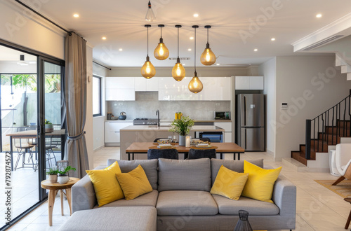 an open plan living, dining and kitchen in a contemporary style with sliding doors to the backyard. The space has white walls, modern pendant lighting, a grey sofa set with yellow pillows