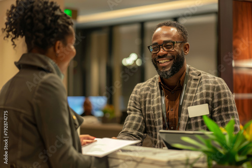 A delighted African American guest engages in conversation with the hotel receptionist, displaying warmth and friendliness while attending to registration paperwork at the front desk.