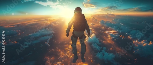 Skydiver feels intense thrill diving towards earth against sunset and fluffy clouds. Concept Extreme Sports, Adrenaline Rush, Skydiving, Sunset Adventure, Flight Experience photo