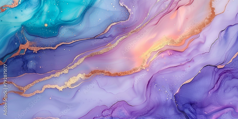 Elegant Fluid Art with Marble Effect - Blue and Purple Resin Art with Gold Veins for Luxurious Abstract Wall Decor