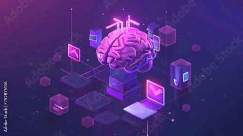 The future of robots, virtual data, and future technologies are shown on this isometric landing page featuring an AI robot surrounded by a human brain, a laptop, cloud storage, and a server. Future