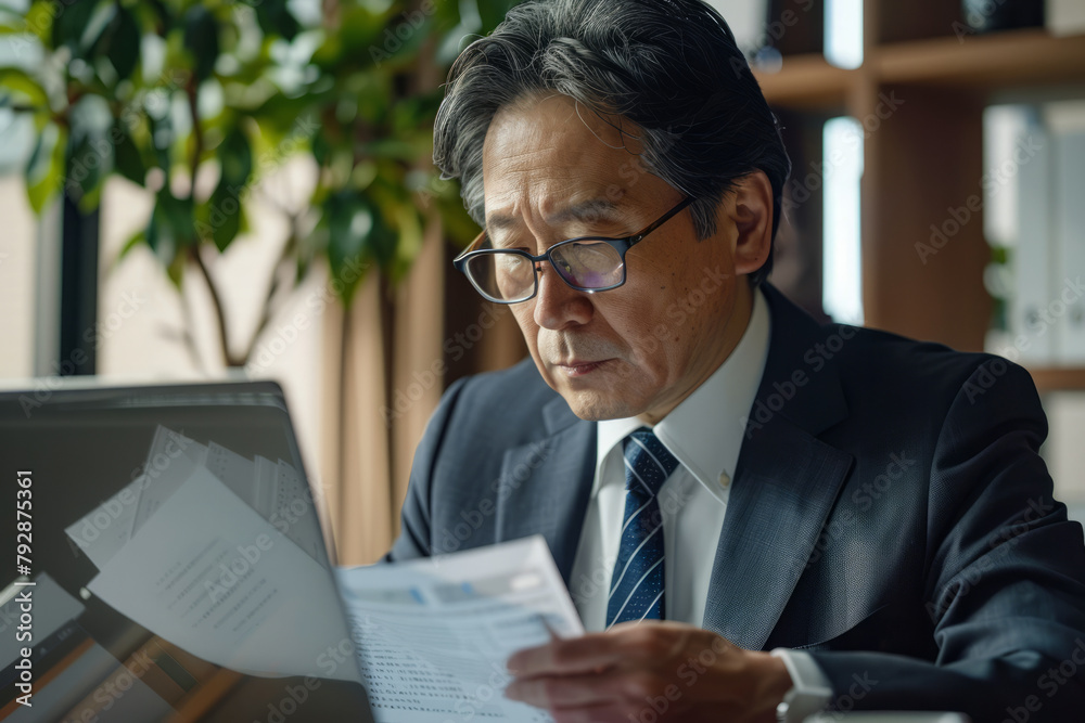 Fototapeta premium A focused Japanese corporate manager attentively examines paperwork while efficiently handling tasks on a laptop in the office, illustrating his diligence and proficiency in managing work