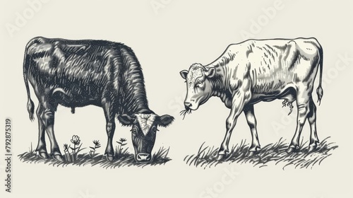 A pair of vintage engravings of farm animals. One is standing still while the other is eating grass.