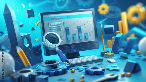 The SEO ranking analysis banner is a technology for internet marketing and digital business content. Computer desktop with wrench, magnifier, graphs, and media icons on it. Cartoon modern