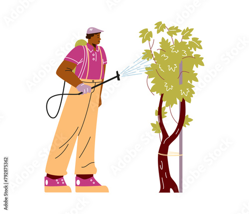 Vineyard worker watering grapevine vector illustration