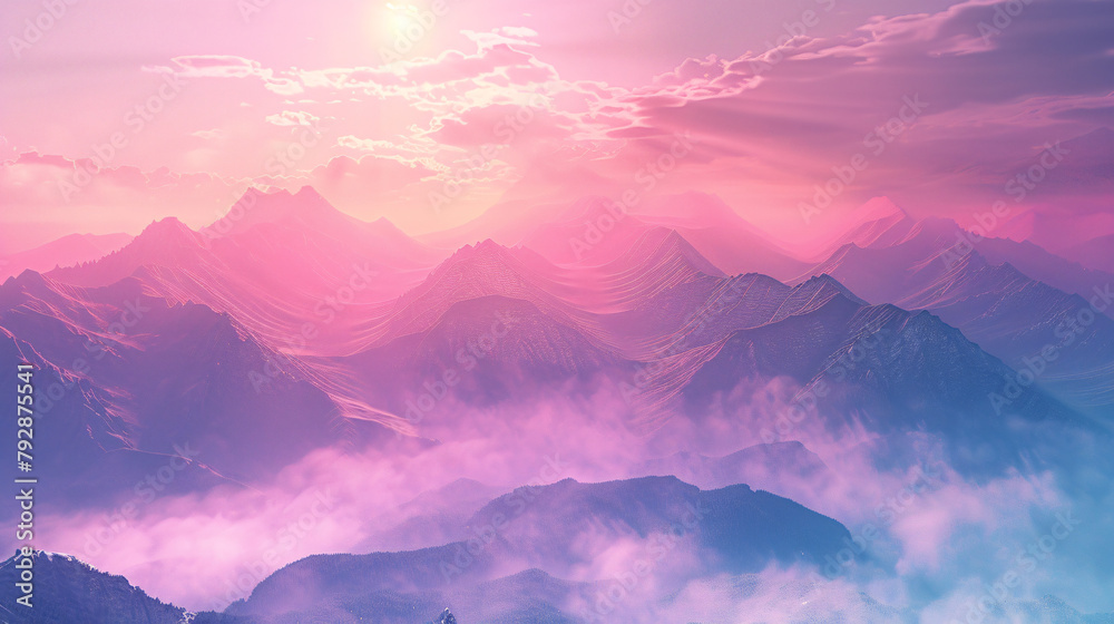 Beautiful mountains in the pink foggy sunset. 