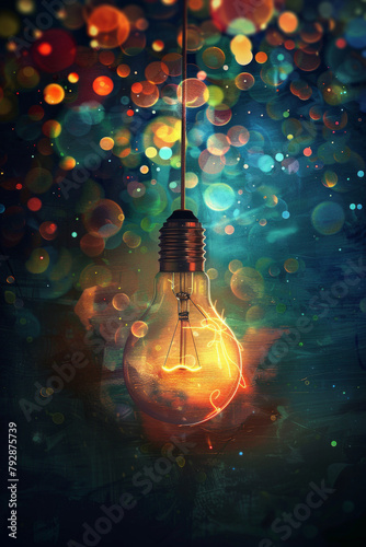 A solitary lightbulb hangs suspended from the ceiling, its filament glowing softly with a warm, golden light. Around the lightbulb, a flurry of colorful thought bubbles and abstract shapes