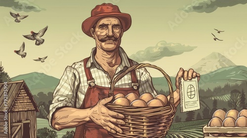 This vintage ad template design depicts a stock farmer holding a wooden basket filled with eggs and a labeled carton inside. Concept of free-range chickens and fresh farm eggs. photo