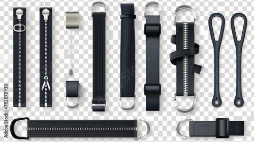 Zip fasteners made of metal, silver zippers with different shapes of pullers, open or closed black fabric tape, clothing hardware isolated on transparent background, 3D and realistic. photo