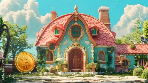 Fantastical Storybook Home with Glowing Golden Coin and Whimsical Architectural Details photo