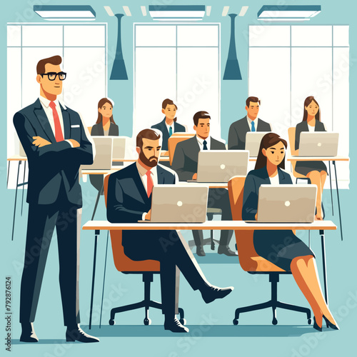illustration of boss supervising employees working on laptops in a modern office setting