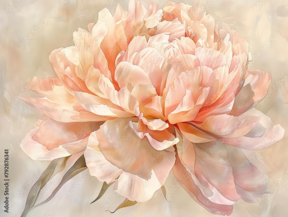 The subtle texture of a watercolor peony is rendered in blush and cream tones, showcasing the flowers lush, soft folds and elegant poise
