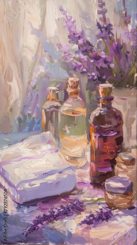 Impressionistic close-up of a spa setting  loose brushstrokes capture the light on bottles  the texture of towels  and the scent of lavender