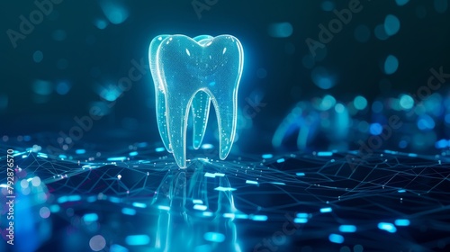 3D render of tooth icon on digital background, AI generative technology concept.