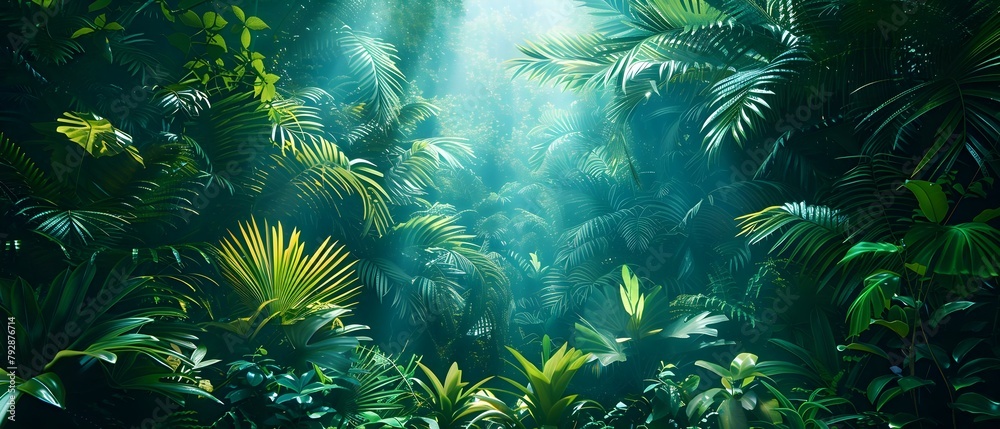 Fototapeta premium Imaginative digital rendering of a vibrant rainforest with varied plant life - perfect for an adventurous backdrop. Concept Jungle Setting, Vibrant Foliage, Digital Rendering, Adventure Backdrop