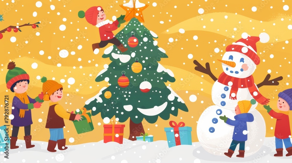 This illustration of the merry Christmas tree features children decorating it with a giant snowman on a background of snow. This illustration of the merry Christmas tree features children decorating it with a giant snowman on a background of snow.