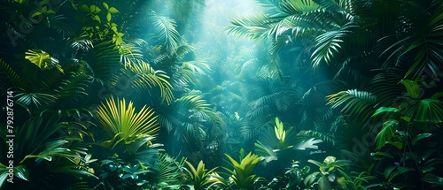 Imaginative digital rendering of a vibrant rainforest with varied plant life - perfect for an adventurous backdrop. Concept Jungle Setting, Vibrant Foliage, Digital Rendering, Adventure Backdrop © Anastasiia