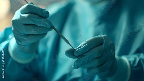 Skilled Surgeon s Hands Gripping a Sharp Scalpel Against a Crisp Clean Backdrop photo