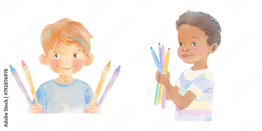 kid holding crayons watercolor vector illustration